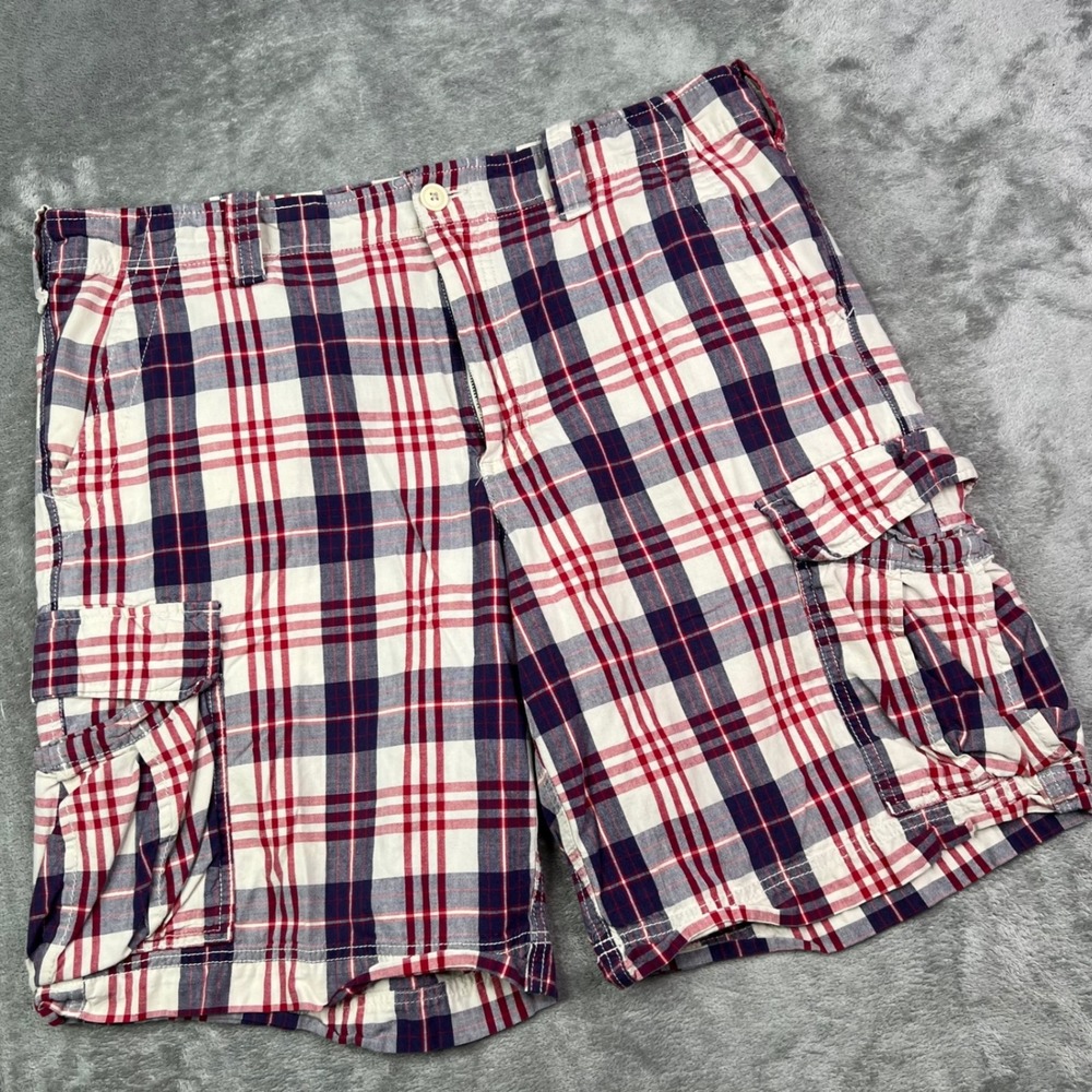 Polo Jeans Co Ralph Lauren Cargo Shorts Mens 38 Red White Blue Plaid Cotton 10"